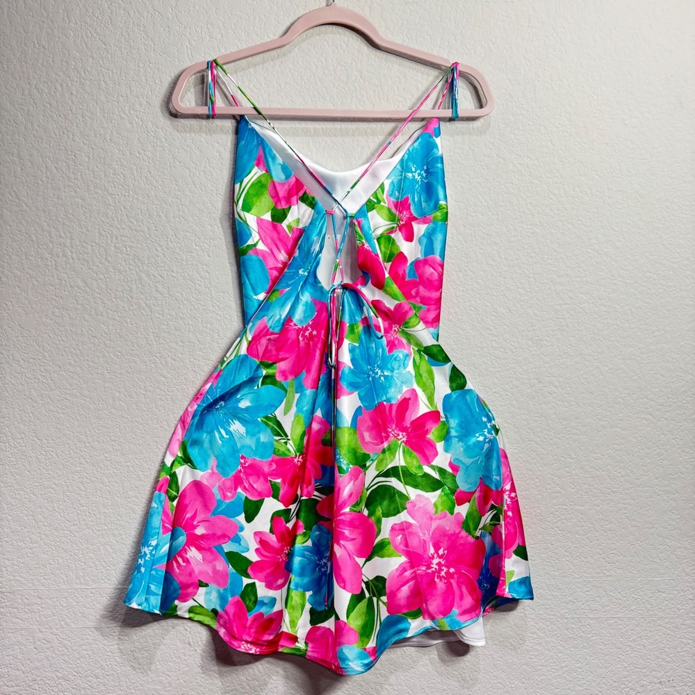 Show Me Your Mumu Floral Mini Dress Pink Blue XXL Spaghetti Strap Backless Satin - Picture 3 of 7